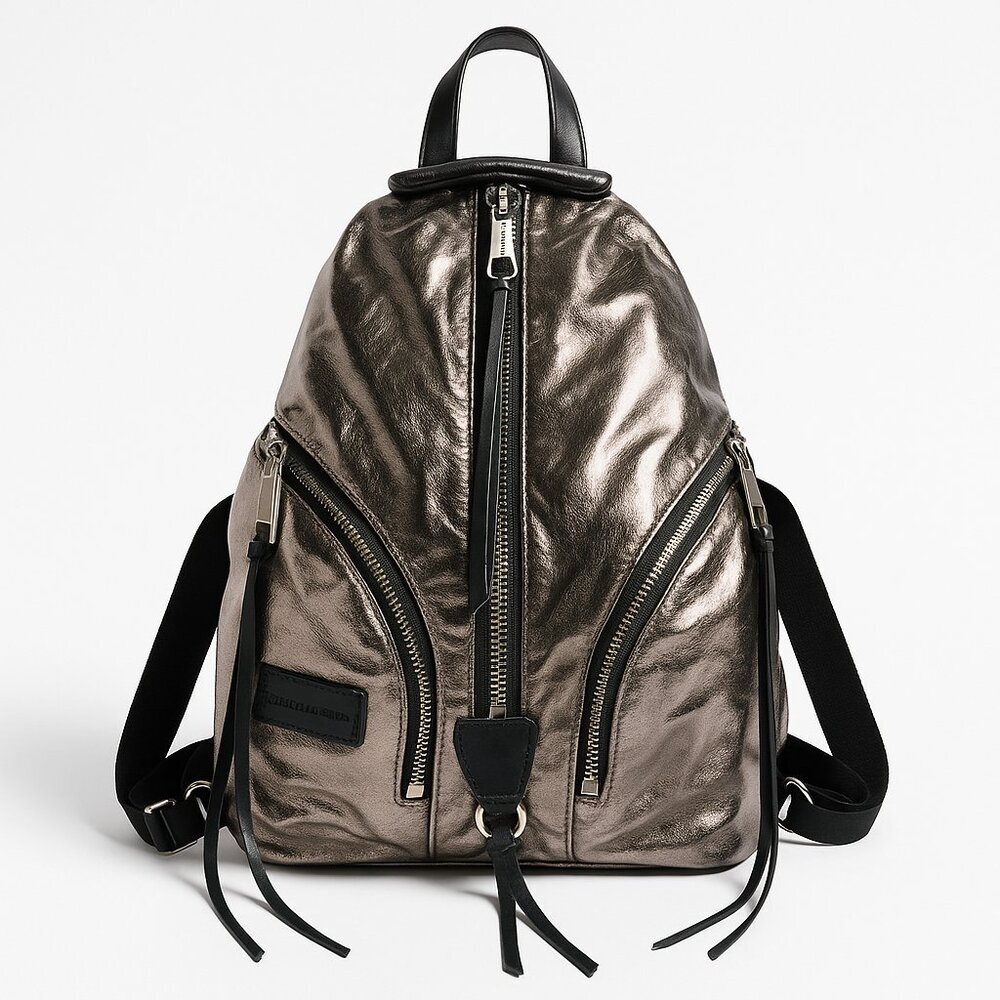 Rebecca Minkoff Julian Backpack Metallic Foil Leather Gunmetal Silver - Picture 2 of 14